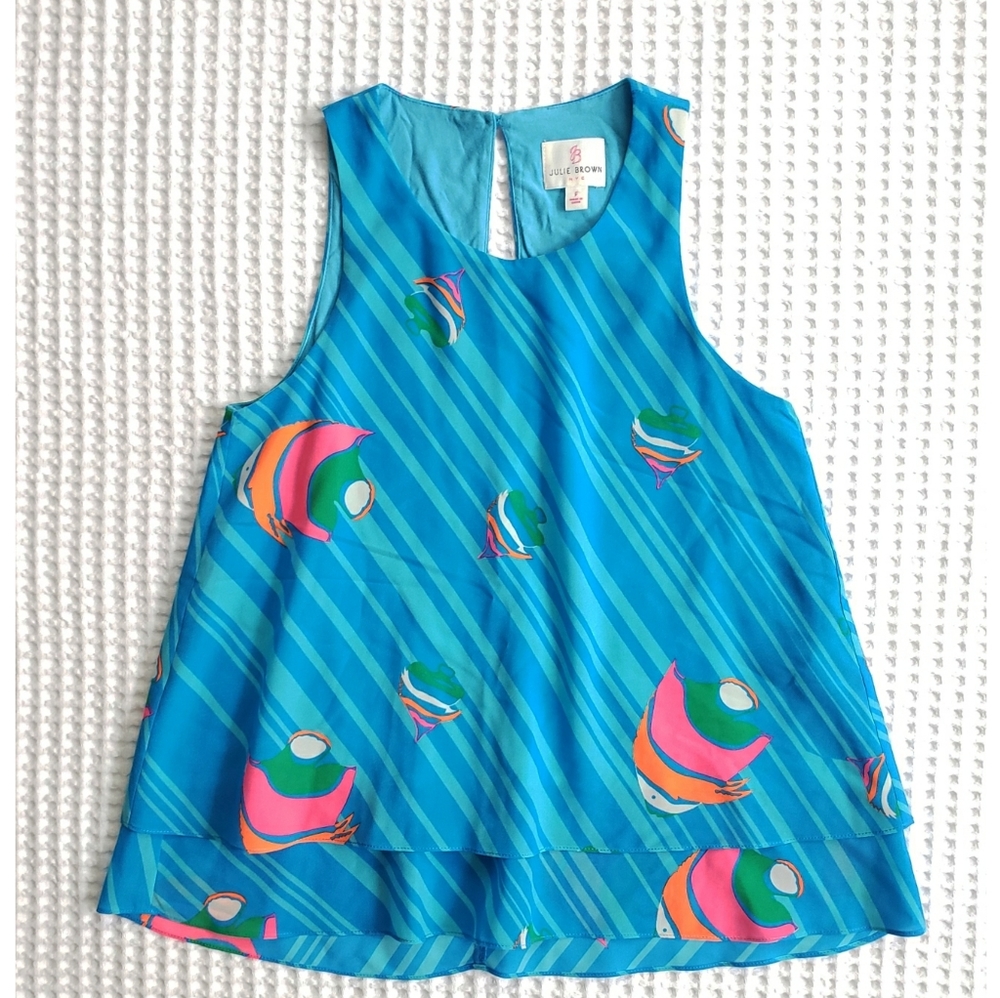 JULIE BROWN NYC fish print flowy tier swing blouse P